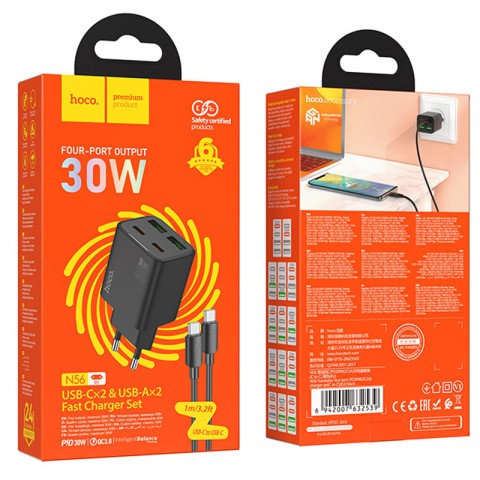 МЗП Hoco N56 Fundador PD30W four-port (2USB-A/2C) + кабель Type-C to Type-C Black