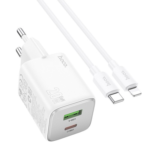 МЗП Hoco N41 Almighty PD20W+QC3.0 (1USB-A/1C) + кабель Type-C to Lightning White