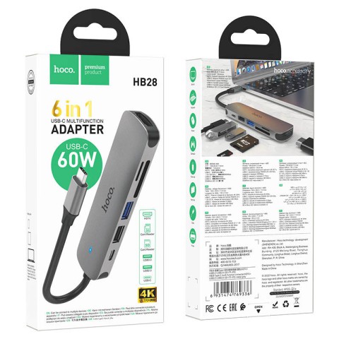 Перехідник Hoco HB28 Multi-function 6in1 (Type-C to HDTV+USB3.0+USB2.0+SD+TF+PD) Metal gray