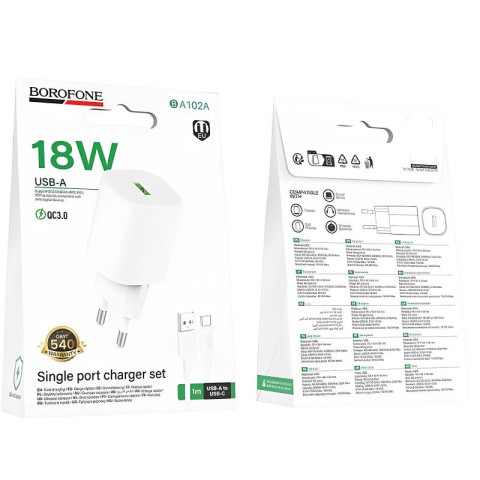 МЗП Borofone BA102A Pudding QC3.0 (1USB-A) + кабель USB to Type-C White