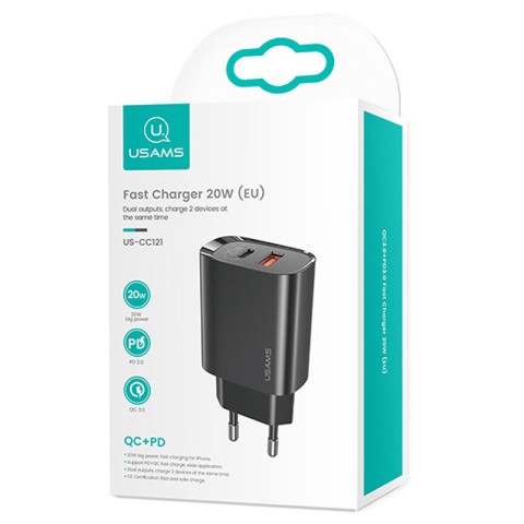 МЗП Usams US-CC121 T35 QC3.0 + PD3.0 20W (1USB-A/1C) Чорний