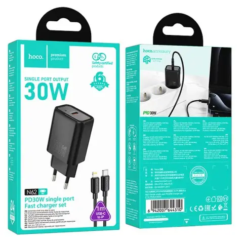 МЗП Hoco N62 Gentle PD30W (1USB-C) + кабель Type-C to Lightning Black