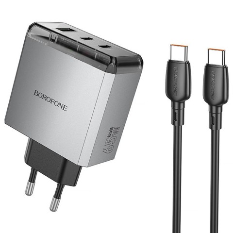 МЗП Borofone BN22 Lena PD65W (1USB-A/2C) + кабель Type-C to Type-C Metal gray