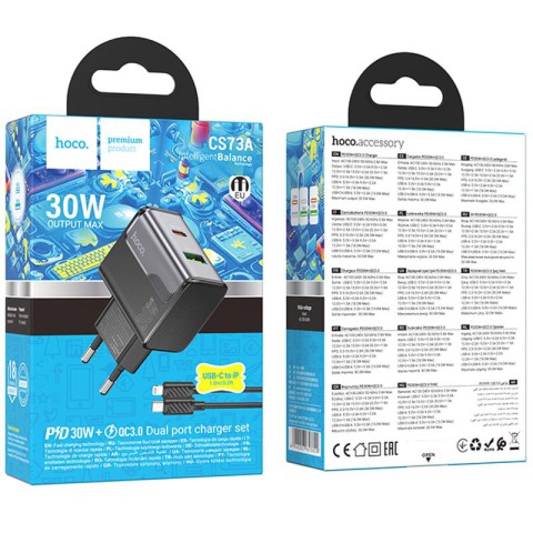 МЗП Hoco CS73A Star Speed PD30W+QC3.0 (1USB-A/1C) + кабель Type-C to Lightning Midnight Black