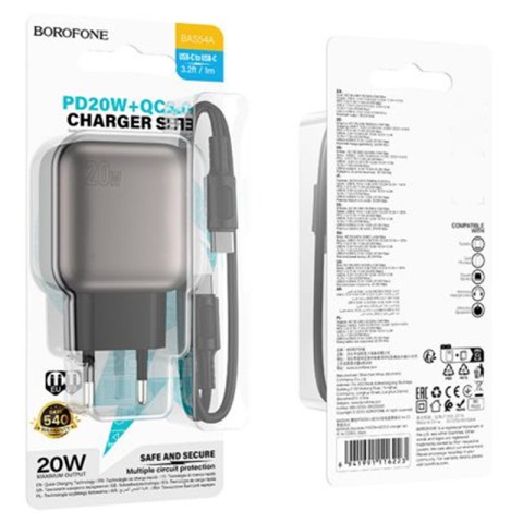 МЗП Borofone BAS54A Absolute PD20W+QC3.0 (1USB-A/1C) + кабель Type-C to Type-C Black