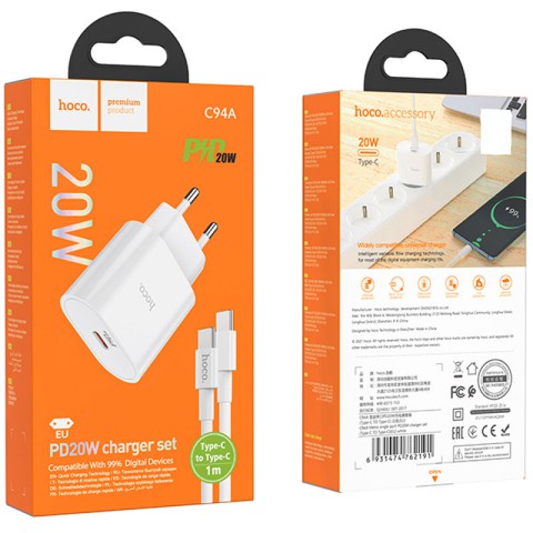 МЗП Hoco C94A Metro PD20W (1USB-C) + кабель Type-C to Type-C White