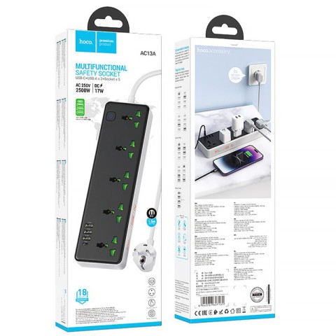 Подовжувач Hoco AC13A Safety Socket (3USB-A/1C/5xSocket) (1.5m) Black