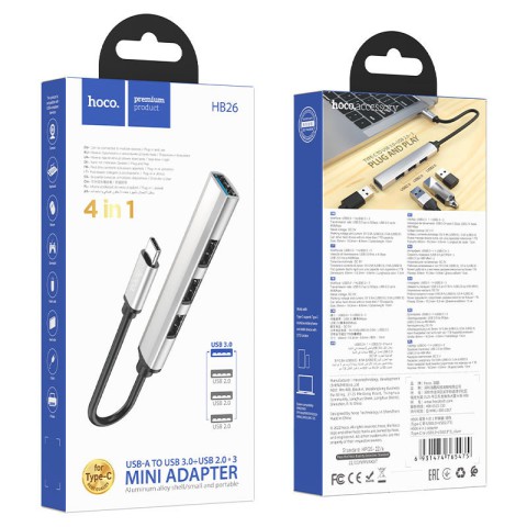Перехідник Hoco HB26 4in1 (Type-C to USB3.0+USB2.0*3) Silver
