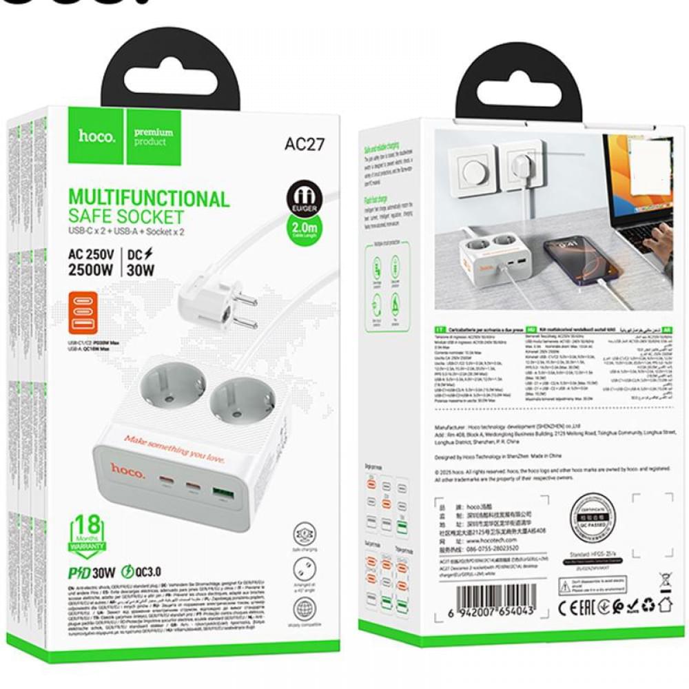 Подовжувач Hoco AC27 Descanso (PD30W/2C/1A/2xSocket) (2m) White