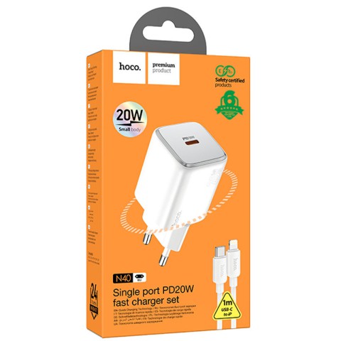МЗП Hoco N40 Mighty PD20W (1USB-C) + кабель Type-C to Lightning White