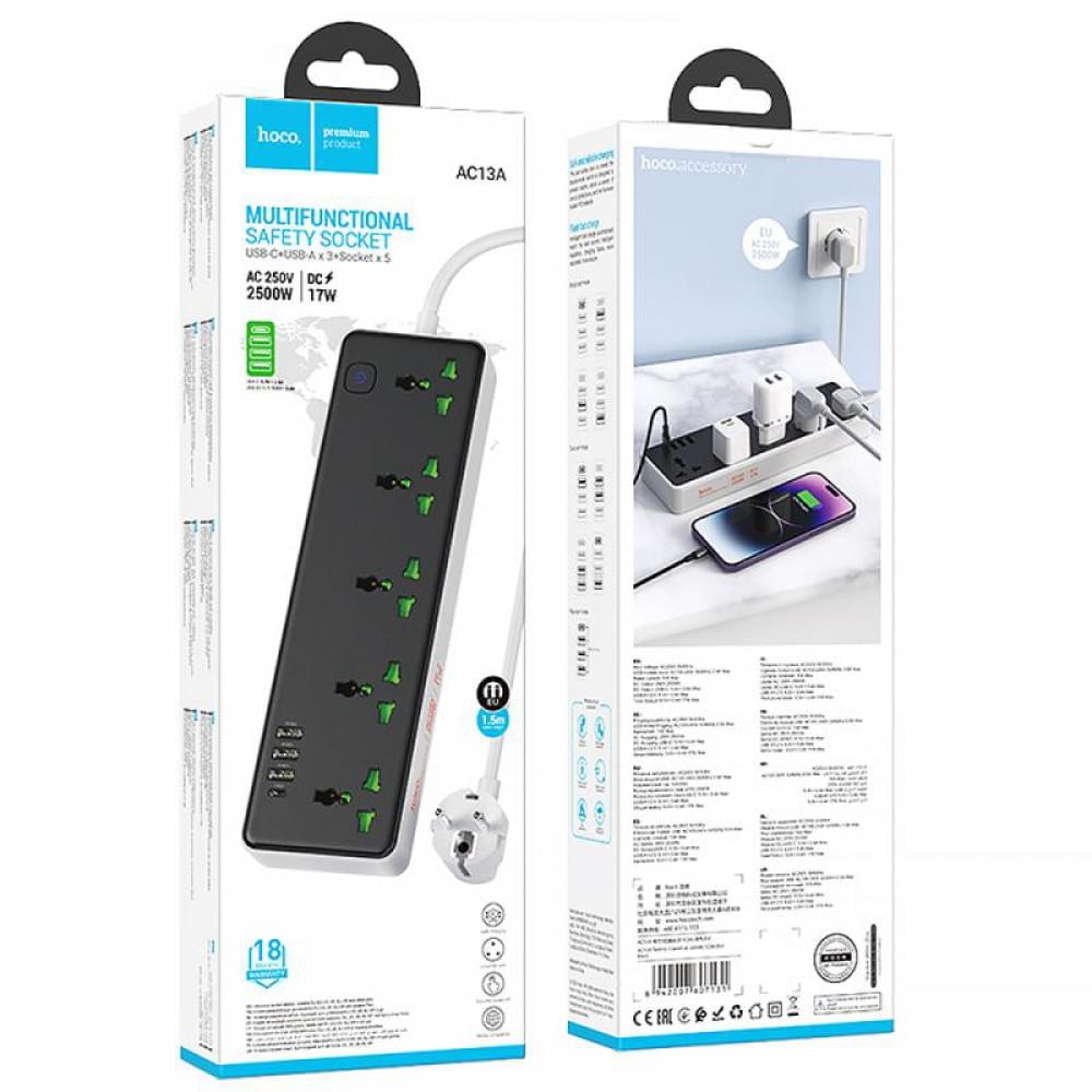Подовжувач Hoco AC13A Safety Socket (3USB-A/1C/5xSocket) (1.5m) Black