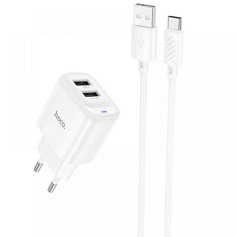 МЗП Hoco C141A Smart 2.1A (2USB-A) + кабель USB to Type-C White