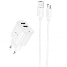 МЗП Hoco C141A Smart 2.1A (2USB-A) + кабель USB to Type-C White