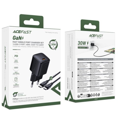 МЗП Acefast A118 PD30W GaN (1USB-C) + кабель Type-C to Type-C Black
