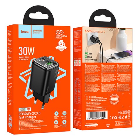 МЗП Hoco N53 Monsoon PD30W+QC3.0 (1USB-A/1C) Black