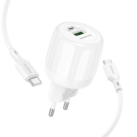 МЗП Borofone BA93A Lustrous PD20W+QC3.0 (1USB-A/1C) + кабель Type-C to Type-C White