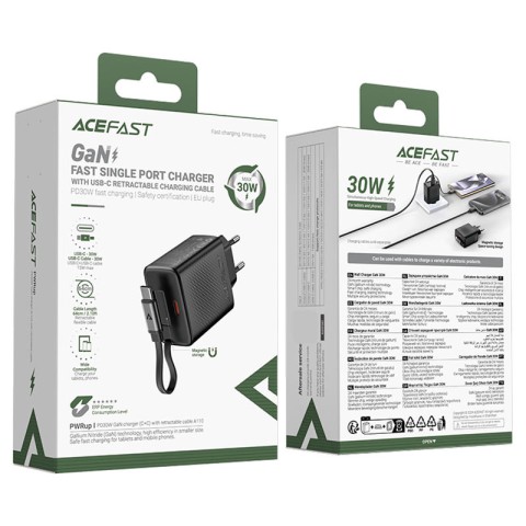 МЗП Acefast A110 GaN With Retractable Cable Type-C PD30W (1USB-C) Black