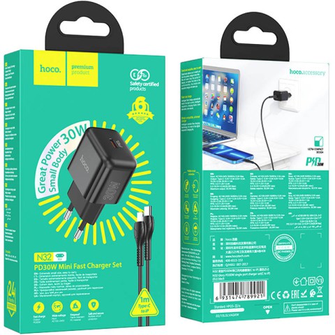 МЗП Hoco N32 Glory PD30W (1USB-C) + кабельType-C to Lightning Black
