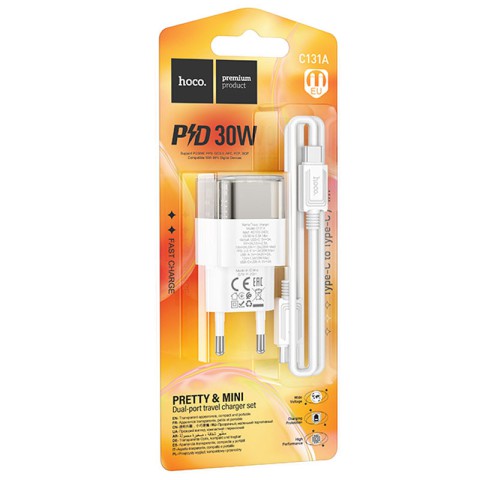 МЗП Hoco C131A Platium PD30W+QC3.0 (1USB-A/1C) + кабель Type-C to Type-C Transparent black
