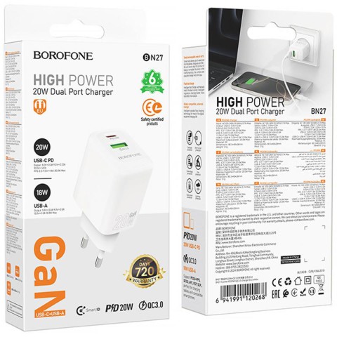 МЗП Borofone BN27 Fuente PD20W+QC3.0 (1USB-A/1C) White