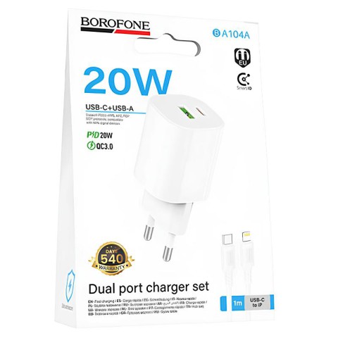 МЗП Borofone BA104A Pudding PD20W+QC3.0 (1USB-A/1C) + кабель Type-C to Lightning White