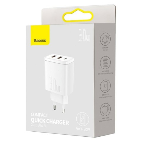 МЗП Baseus Compact Quick Charger 30W QC+PD (2USB-A/1C) (CCXJ-E) Білий