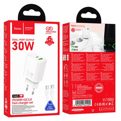 МЗП Hoco N63 Gentle PD30W+QC3.0 (1USB-A/1C) + кабель Type-C to Type-C White
