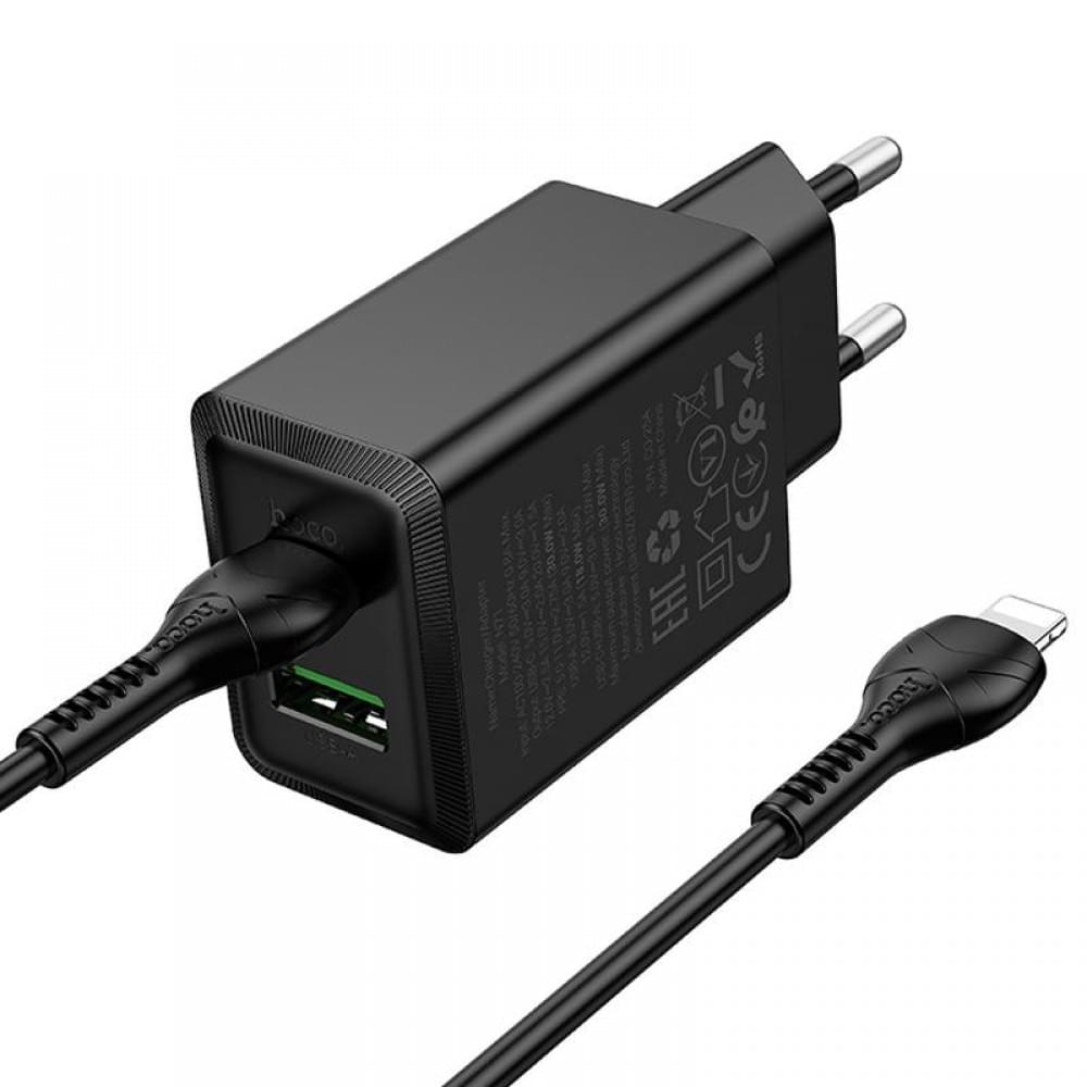 МЗП Hoco N71 Nuevo PD30W+QC3.0 (1USB-A/1C) + кабель Type-C to Lightning Black