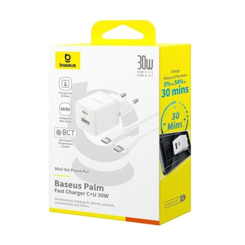МЗП Baseus Palm Fast Charger 30W (1USB-A/1C) + кабель Type-C to Type-C (P1011160A) Moon White