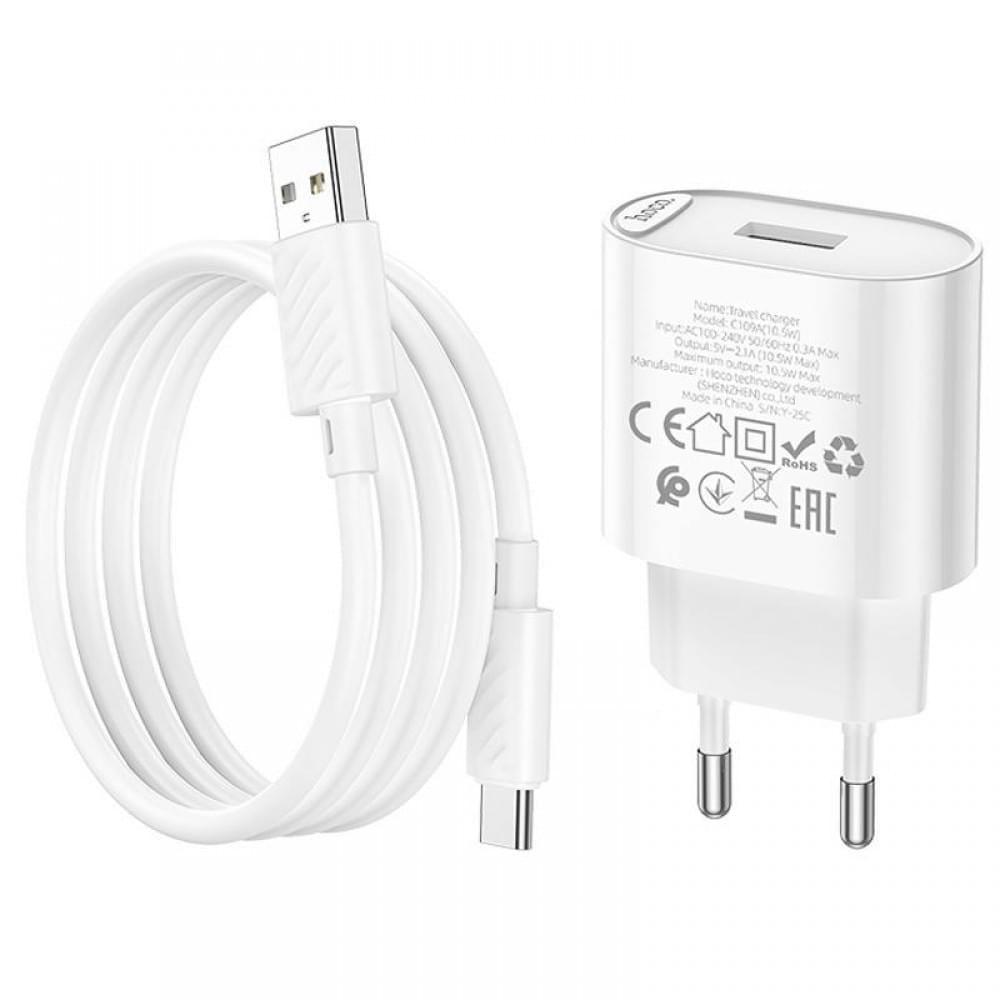 МЗП Hoco C109A Fighter 10.5W (1USB-A) + кабель USB to Type-C White