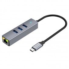Перехідник HUB Hoco HB34 Easy link Type-C Gigabit network adapter (Type-C to USB3.0*3+RJ45) Metal gray