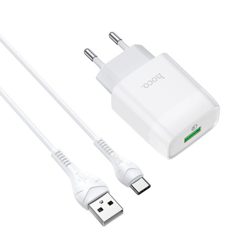 МЗП Hoco C72Q Glorious QC3.0 18W (1USB-A) + кабель USB to Type-C Білий