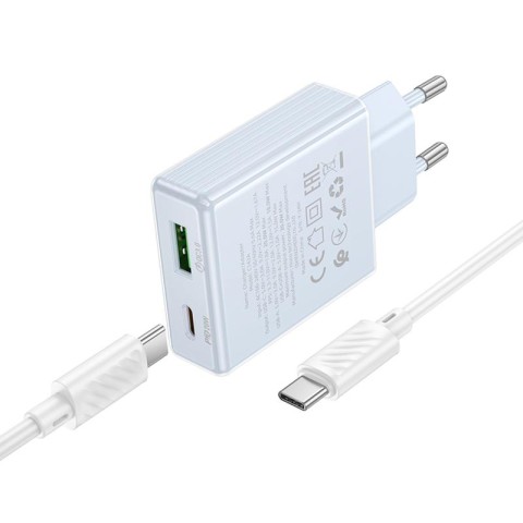 МЗП Hoco C142A Direct PD20W+QC3.0 (1USB-A/1C) + кабель Type-C to Type-C Blue