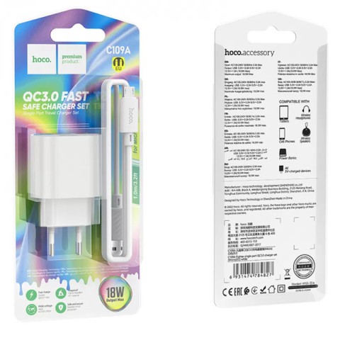 МЗП Hoco C109A Fighter QC3.0 18W (1USB-A) + кабель USB to MicroUSB White
