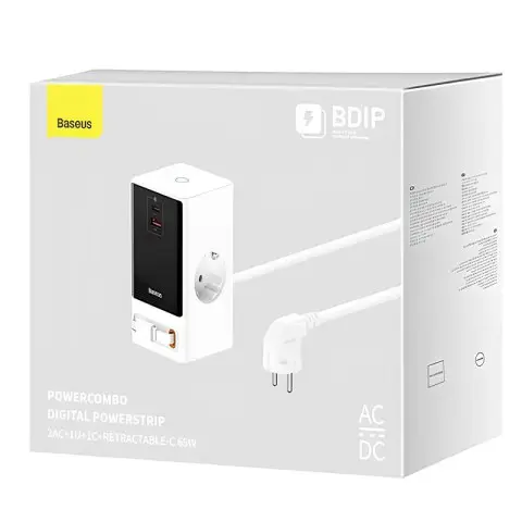 МЗП Baseus OS PowerCombo Digital PowerStrip+Retractable-C 65W (1USB-A/1C/2Socket) (1.5m) (PSLR000) Glacier White