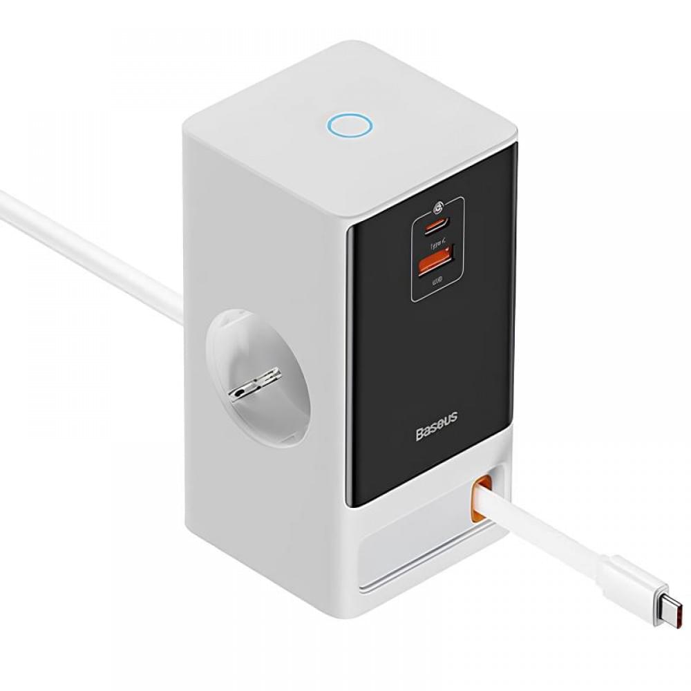 МЗП Baseus OS PowerCombo Digital PowerStrip+Retractable-C 65W (1USB-A/1C/2Socket) (1.5m) (PSLR000)
