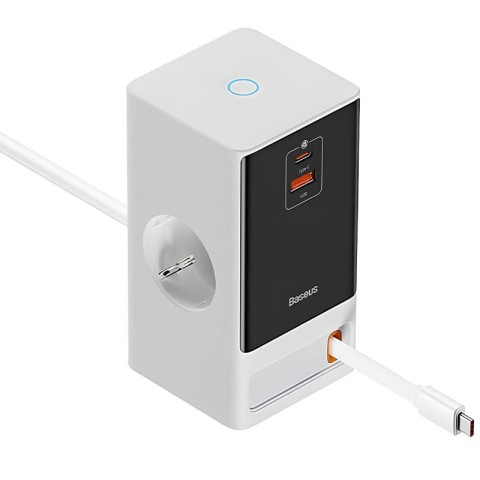 МЗП Baseus OS PowerCombo Digital PowerStrip+Retractable-C 65W (1USB-A/1C/2Socket) (1.5m) (PSLR000) Glacier White