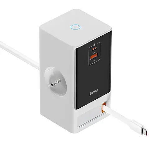 МЗП Baseus OS PowerCombo Digital PowerStrip+Retractable-C 65W (1USB-A/1C/2Socket) (1.5m) (PSLR000) Glacier White