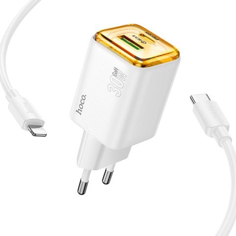МЗП Hoco N53 Monsoon PD30W+QC3.0 (1USB-A/1C) + кабель Type-C to Lightning White