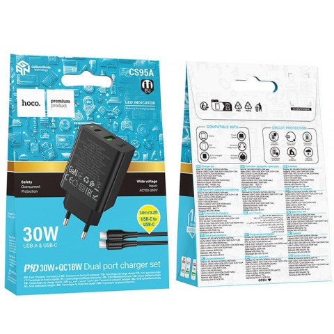 МЗП Hoco CS95A Leader PD30W+QC3.0 (1USB-A/1C) + кабель Type-C to Type-C Black
