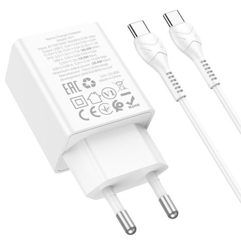 МЗП Hoco N71 Nuevo PD30W+QC3.0 (1USB-A/1C) + кабель Type-C to Type-C White
