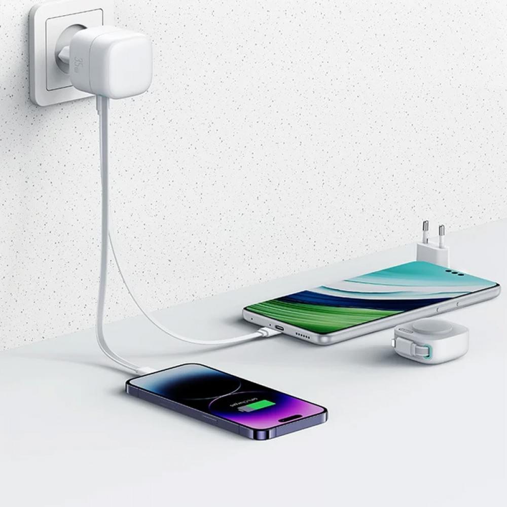 МЗП Usams US-CC209 GaN With Lightning Magnetic Retractable Cable Module XMF Ser. 35W (2USB-C) White