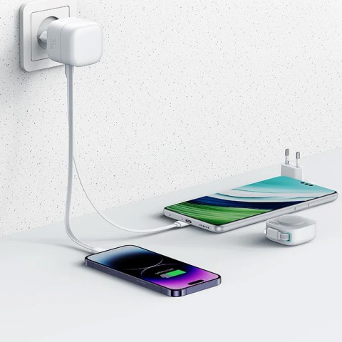 МЗП Usams US-CC209 GaN With Lightning Magnetic Retractable Cable Module XMF Ser. 35W (2USB-C) White