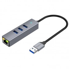 Перехідник HUB Hoco HB34 Easy link USB Gigabit Ethernet adapter (USB to USB3.0*3+RJ45) Metal gray