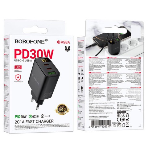 МЗП Borofone BA98A Ilustre with digital display PD30W (1USB-A/2C) Black