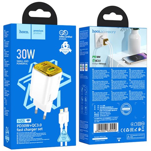 МЗП Hoco N53 Monsoon PD30W+QC3.0 (1USB-A/1C) + кабель Type-C to Lightning White