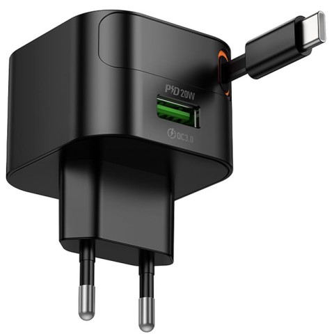 МЗП Hoco C154A Changer With Retractable Cable Type-C PD20W+QC3.0 (1USB-C) Black