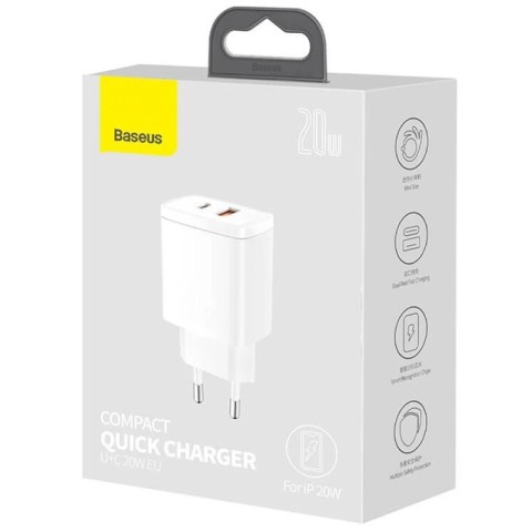МЗП Baseus Compact Quick Charger 20W QC+PD (1USB-A/1C) (CCXJ-B) White