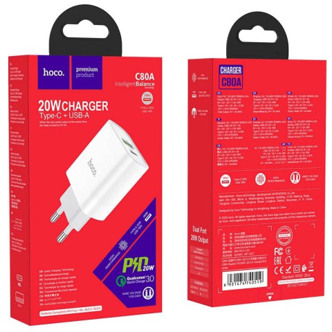 МЗП Hoco C80A Plus Rapido PD20W+QC3.0 (1USB-A/1C) White