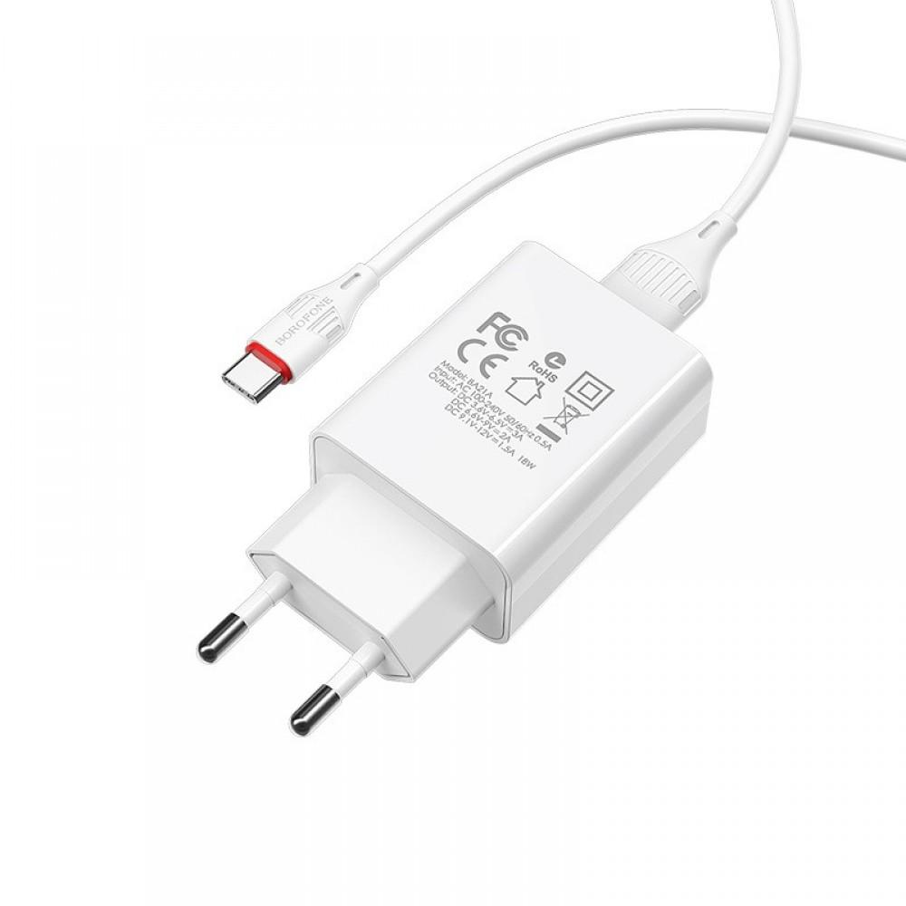 МЗП Borofone BA21A Long journey QC3.0 3A (1USB-A) + кабель USB to Type-C Білий